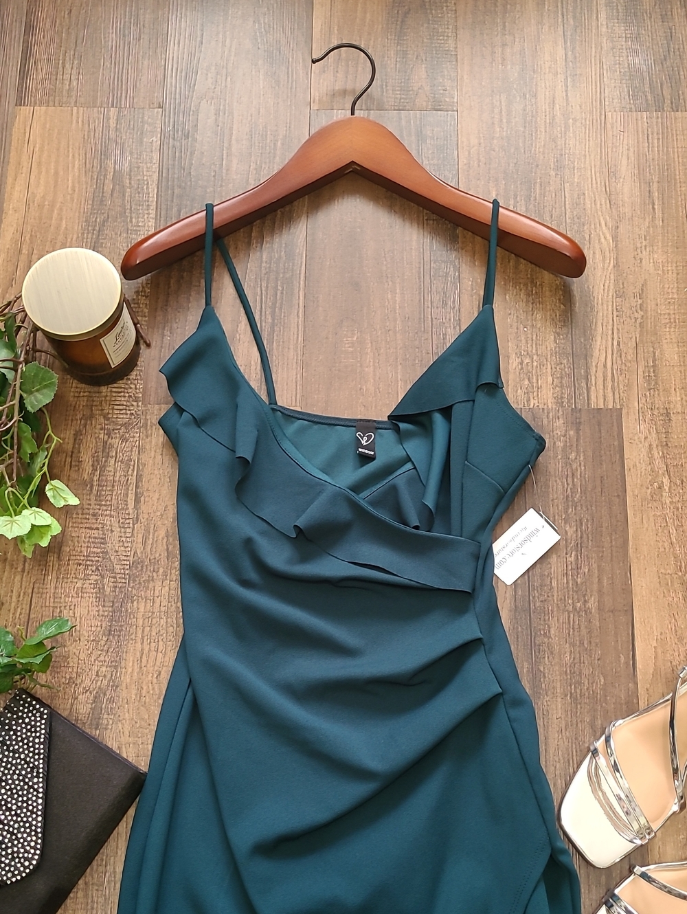 Beautiful Green Spaghetti Strap Asymmetrical Ruffle Midi Dress - Picture 2 of 9